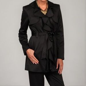 KASPER Black Satin Ruffle Front Coat Black Tie Luxury Wedding Jacket Size 8